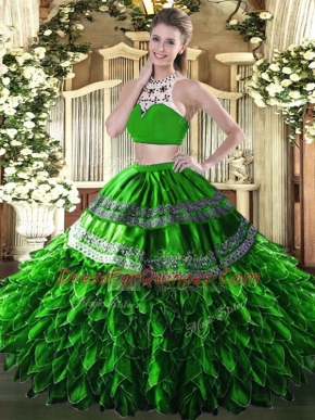 Green Two Pieces Beading and Ruffles Sweet 16 Dresses Backless Tulle Sleeveless Floor Length