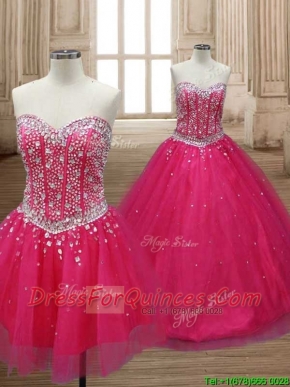 Wonderful A Line Hot Pink Detachable Quinceanera Dress with Beading