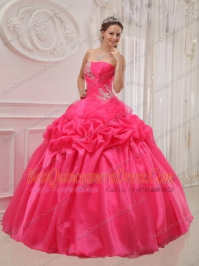 Coral Red Ball Gown Strapless Floor-length Organza and Taffeta Pleat and Beading Quinceanera Dress