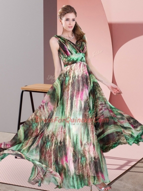 Pretty Multi-color Empire Printed V-neck Sleeveless Pattern Floor Length Lace Up Prom Evening Gown