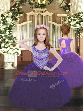 Purple Scoop Neckline Beading and Ruffles Kids Formal Wear Sleeveless Lace Up