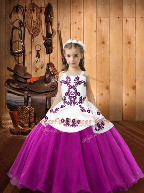 Admirable Fuchsia Sleeveless Embroidery Floor Length Little Girls Pageant Dress