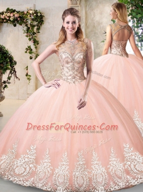 Extravagant Peach Vestidos de Quinceanera Prom and Party and Military Ball and Sweet 16 and Quinceanera with Beading and Appliques Scoop Sleeveless Backless