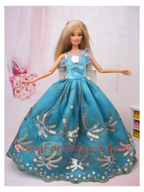 Exclusive Ball Gown Teal Beading Hand Made Flower Barbie Doll Dress