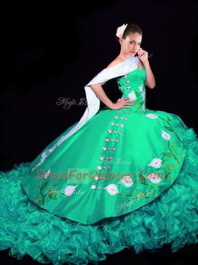 Brush Train Ball Gowns Quinceanera Dress Turquoise Sweetheart Organza Sleeveless Lace Up
