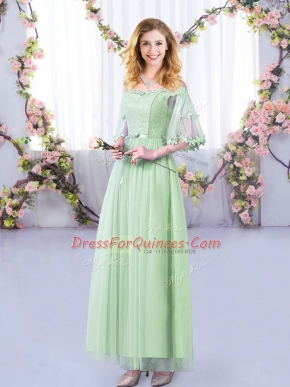 Glorious Lace and Belt Quinceanera Dama Dress Apple Green Side Zipper Half Sleeves Floor Length
