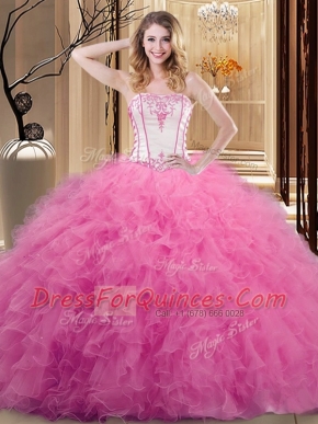 Top Selling Floor Length Lace Up 15 Quinceanera Dress Rose Pink for Military Ball and Sweet 16 and Quinceanera with Embroidery