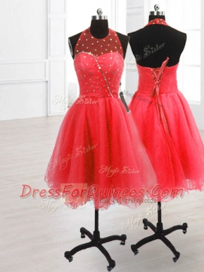 Custom Fit Watermelon Red High-neck Neckline Sequins Prom Dresses Sleeveless Lace Up