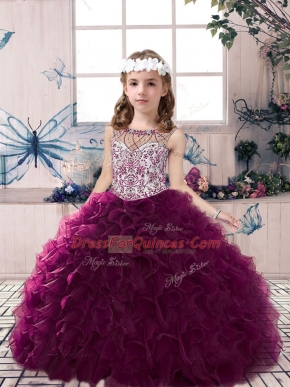 Dark Purple Ball Gowns Beading and Ruffles Little Girl Pageant Gowns Lace Up Organza Sleeveless Floor Length