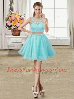 Flirting Aqua Blue Tulle Zipper Scoop Sleeveless Mini Length Homecoming Dress Beading