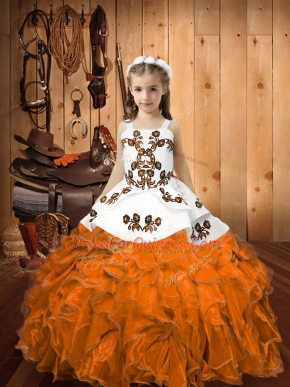 Best Floor Length Orange Little Girls Pageant Gowns Straps Sleeveless Lace Up