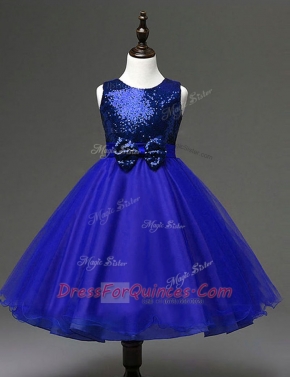 Dynamic Sequins Scoop Sleeveless Zipper Flower Girl Dress Royal Blue Organza