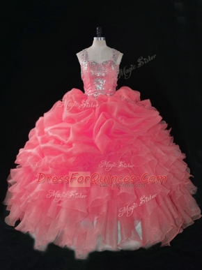 Vintage Ball Gowns Quinceanera Gown Baby Pink Straps Organza Sleeveless Zipper
