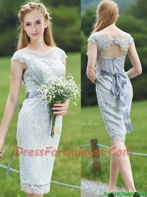 Wonderful Scoop Cap Sleeves Sashes Prom Dresses in Grey