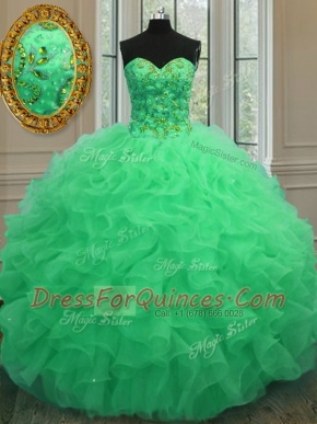 Shining Green Sleeveless Organza Lace Up Quinceanera Dresses for Military Ball and Sweet 16 and Quinceanera