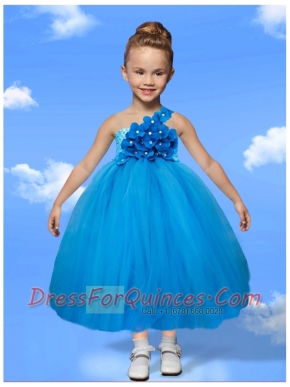 Nice One Shoulder Tulle Tea-length Blue Little Girl Dress with Appliques