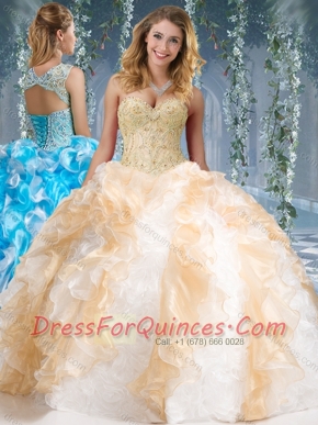 Fashionable Organza and Rolling Flowers Big Puffy Sweet 16 Dresses in Champagne and White