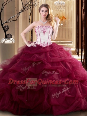 Stunning Wine Red Ball Gowns Embroidery and Ruffled Layers Quinceanera Gowns Lace Up Tulle Sleeveless Floor Length