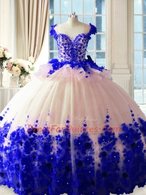 Scoop Sleeveless Satin and Organza Quinceanera Dresses Hand Made Flower Brush Train Zipper