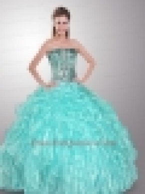 Romantic Strapless Beaded and Ruffled Quinceanera Dress in Aque Blue