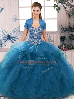 Ideal Sleeveless Tulle Floor Length Lace Up Quince Ball Gowns in Blue with Beading and Ruffles