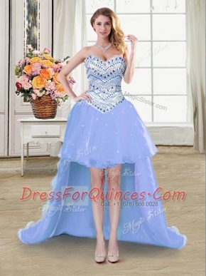 Lavender A-line Beading Prom Dress Lace Up Organza Sleeveless High Low