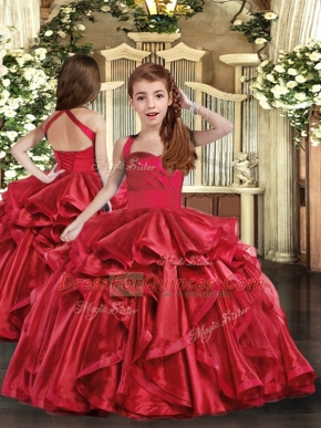 Admirable Red Ball Gowns Organza Straps Sleeveless Ruffles Floor Length Lace Up Child Pageant Dress
