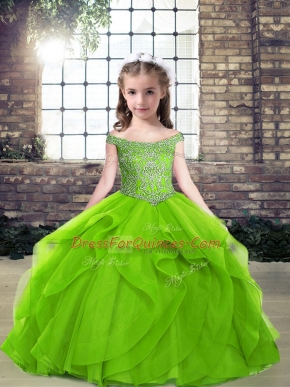 Stylish Off The Shoulder Sleeveless Little Girl Pageant Gowns Floor Length Beading and Ruffles Tulle