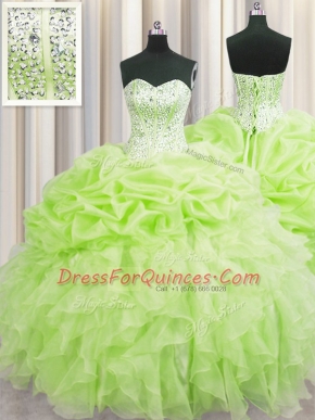 Visible Boning Yellow Green Lace Up Sweetheart Beading and Ruffles and Pick Ups Quinceanera Gown Organza Sleeveless