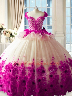 Modest Fuchsia Sleeveless Brush Train Hand Made Flower Quinceanera Gowns