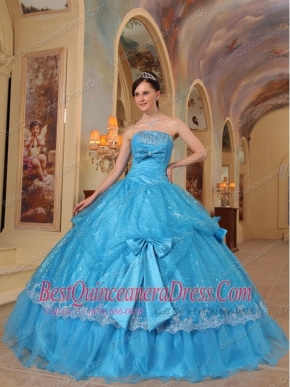 Blue Ball Gown Strapless Floor-length Bows Sequins and Organza Quinceanera Dress