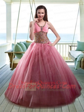Beaded Decorate Bodice Halter Top Quinceanera in Rose Pink