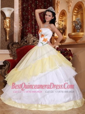 Light Yellow and White Ball Gown Strapless Floor-length Organza Embroidery Quinceanera Dress