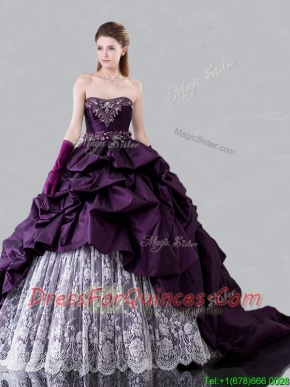 Pretty Brush Train Beaded and Bubble Sweet 16 Dress in Taffeta and Lace