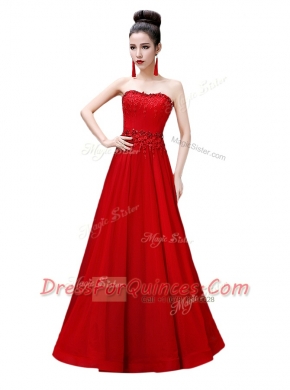 Gorgeous Strapless Sleeveless Prom Dresses Floor Length Beading Red Chiffon