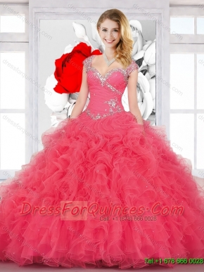 Top Seller Ball Gown Coral Red 2016 Sweet 16 Dresses with Beading and Ruffles