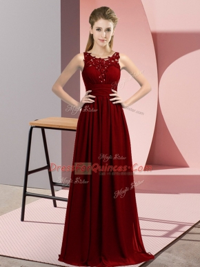 Burgundy Zipper Quinceanera Court of Honor Dress Beading and Appliques Sleeveless Floor Length