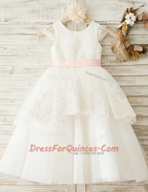 Scoop Floor Length A-line Cap Sleeves White Flower Girl Dress Zipper