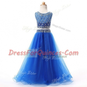 Scoop Beading Flower Girl Dress Blue Lace Up Sleeveless Floor Length