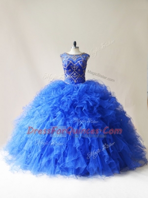 Royal Blue Scoop Lace Up Beading and Ruffles Quinceanera Gown Sleeveless