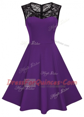Wonderful Scoop Purple A-line Lace Dress for Prom Zipper Satin Sleeveless Knee Length