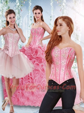 Rolling Flowers Beaded Bodice Detachable Sweet 16 Dresses in Rose Pink