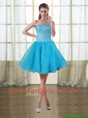 2015 Puffy Baby Blue Sweetheart Short Cheap Dama Dresses with Beading