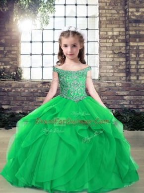 Green Off The Shoulder Lace Up Beading Little Girls Pageant Dress Wholesale Sleeveless