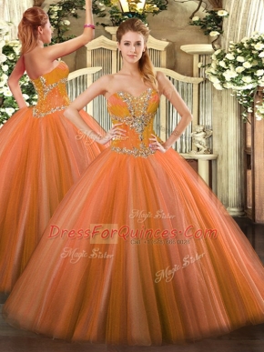 High Class Sleeveless Floor Length Beading Lace Up Quinceanera Gowns with Orange Red