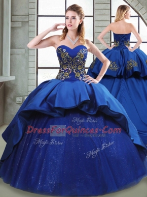 Blue Taffeta Lace Up Ball Gown Prom Dress Sleeveless Court Train Beading and Appliques and Embroidery