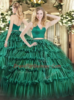Fantastic Dark Green Organza Zipper Quince Ball Gowns Sleeveless Floor Length Ruffled Layers