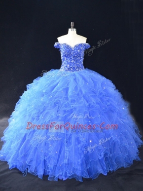 Fancy Blue Sleeveless Beading and Ruffles Floor Length Quinceanera Dress