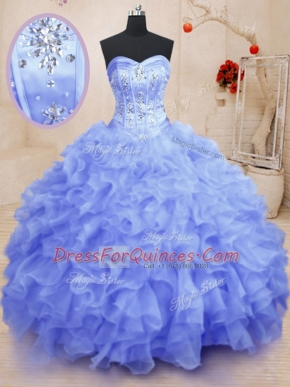 Fine Floor Length Lace Up Sweet 16 Dresses Light Blue for Military Ball and Sweet 16 and Quinceanera with Beading and Ruffles