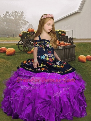 Eggplant Purple and Purple Girls Pageant Dresses Party and Wedding Party with Embroidery and Ruffles Straps Sleeveless Lace Up
